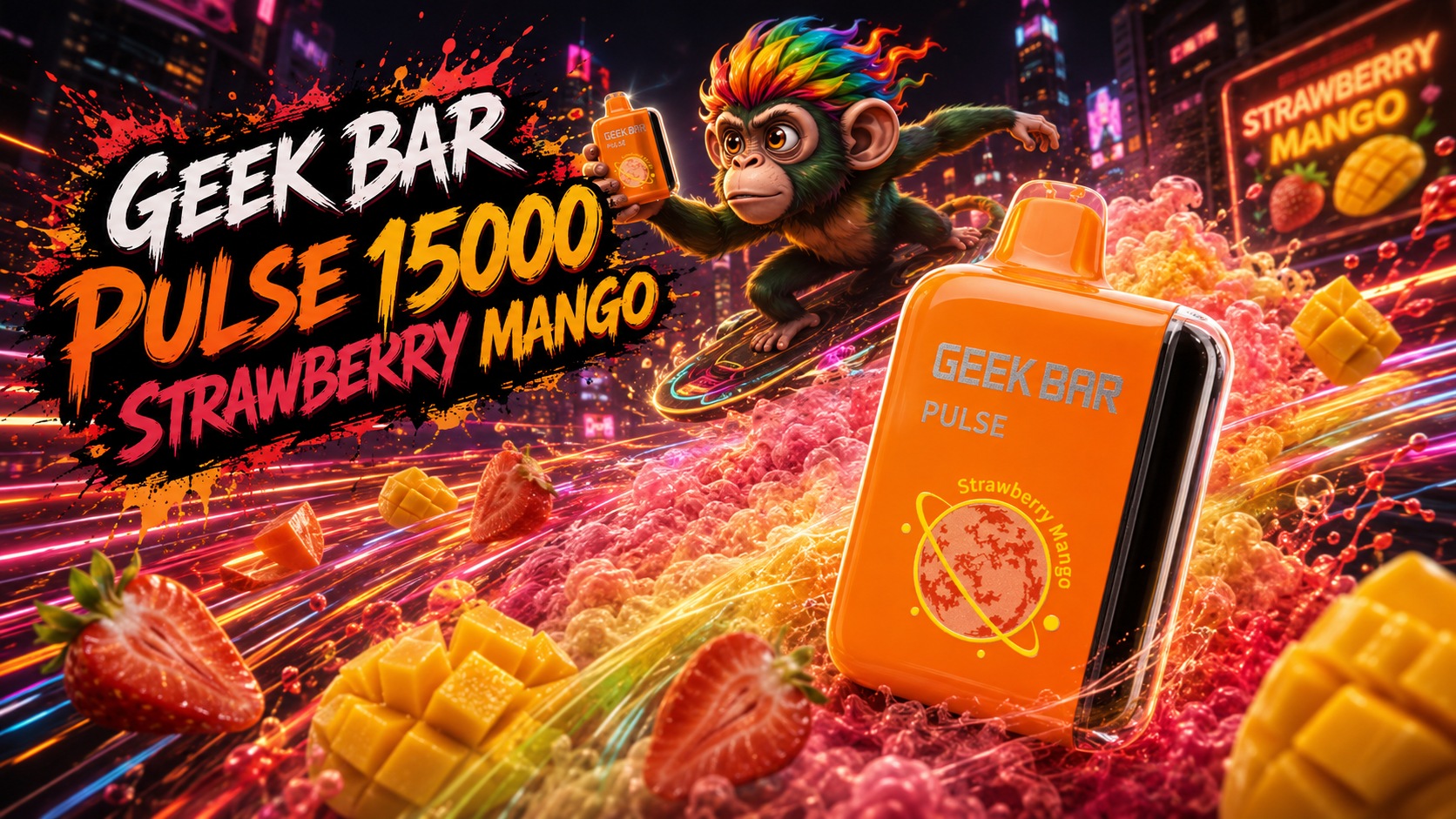 Geek Bar Pulse 15000 Strawberry Mango device with vibrant fruity design