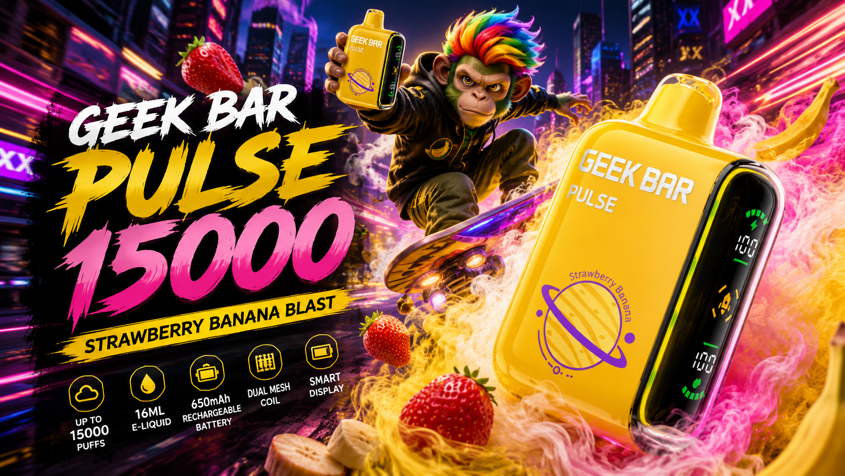 The photo shows a vibrant neon‑lit advertisement featuring a yellow vape device with strawberries, bananas, and a futuristic monkey on a hoverboard surrounded by colorful vapor clouds.