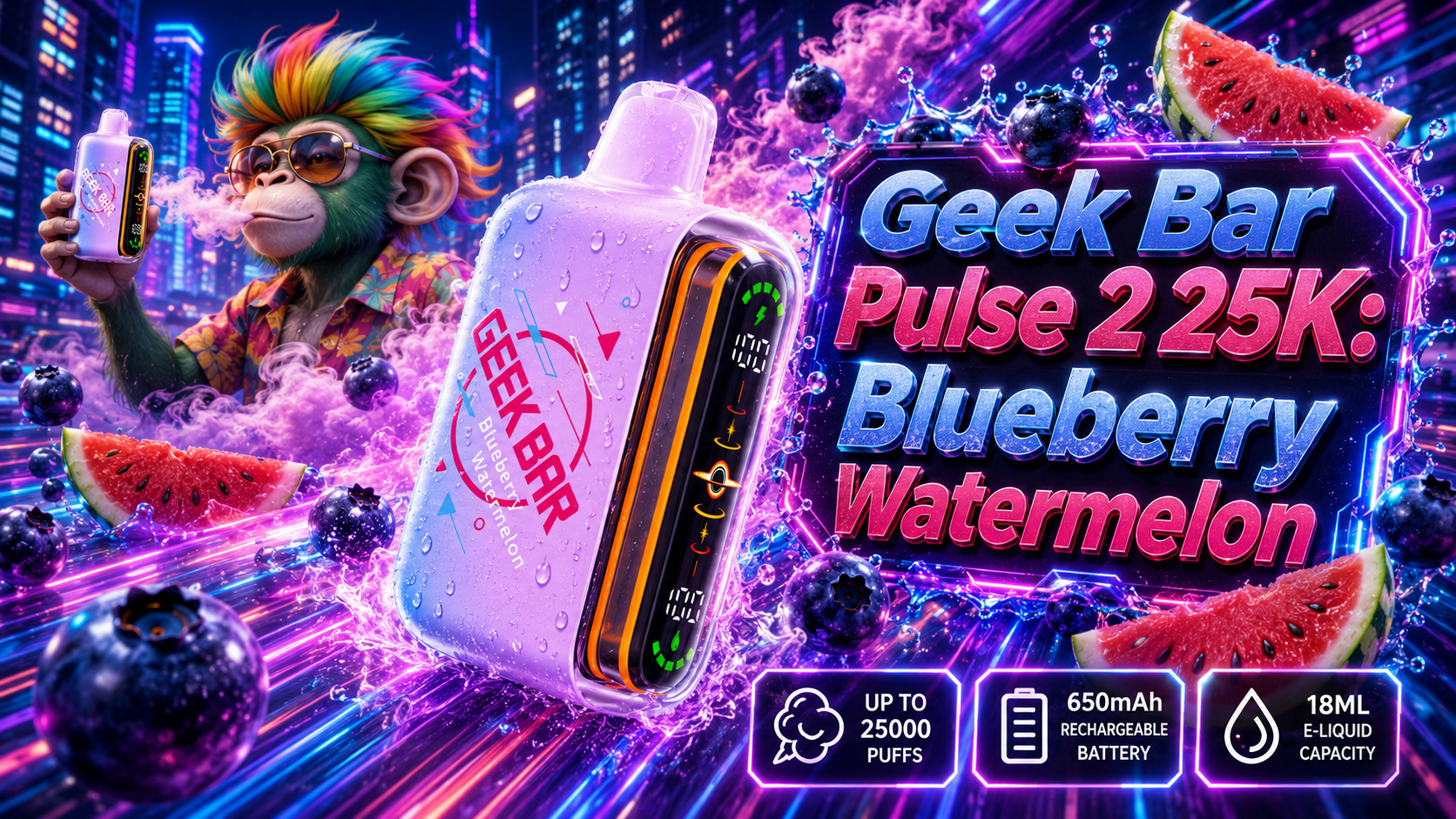 Geek Bar Pulse 2 25K Blueberry Watermelon Disposable Vape with Fresh Fruit Design Geek Bar Pulse 2 25K Blueberry Watermelon disposable vape with blueberries, watermelon slices, colorful vapor, and water splashes.