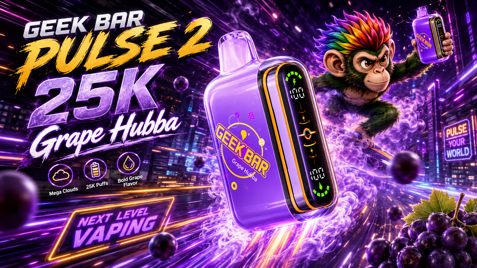 Purple vape device with digital display, bold grape flavor branding