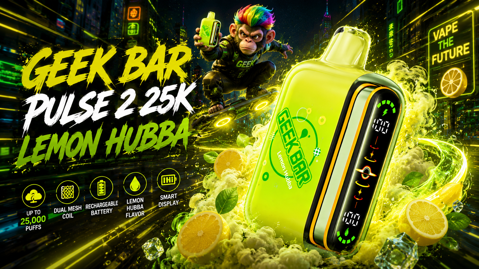 A neon‑futuristic vape ad shows a rainbow‑haired monkey on a hoverboard with glowing lemons and the Geek Bar Pulse 2 device.