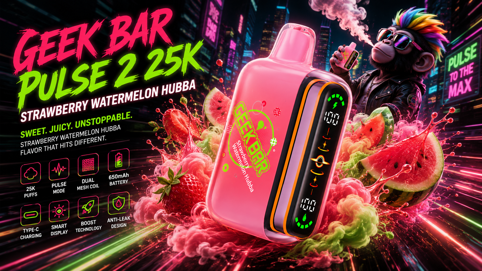Pink Geek Bar Pulse 2 vape with smart display, surrounded by strawberries and watermelon slices