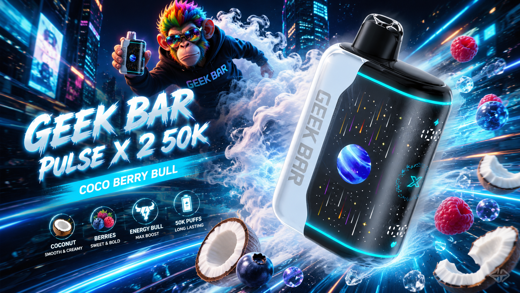 Geek Bar Pulse X 2 50K vape with Coco Berry Bull flavor, featuring coconut and mixed berries design