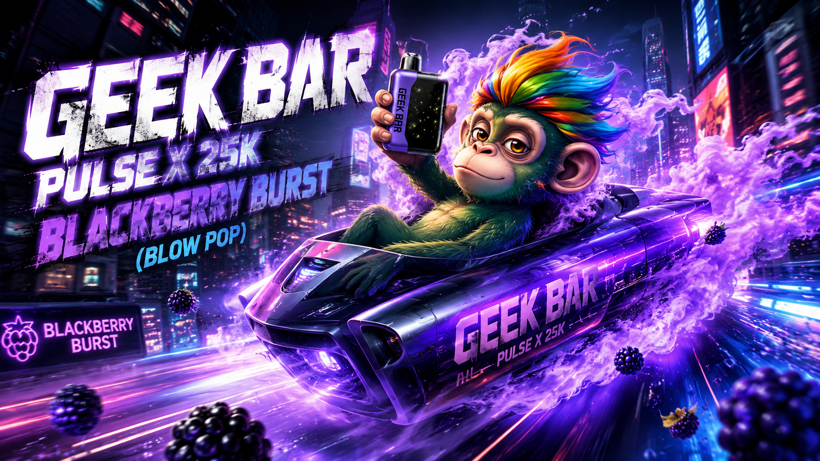 Geek Bar Pulse X 25K Blackberry Burst device with neon vapor effect