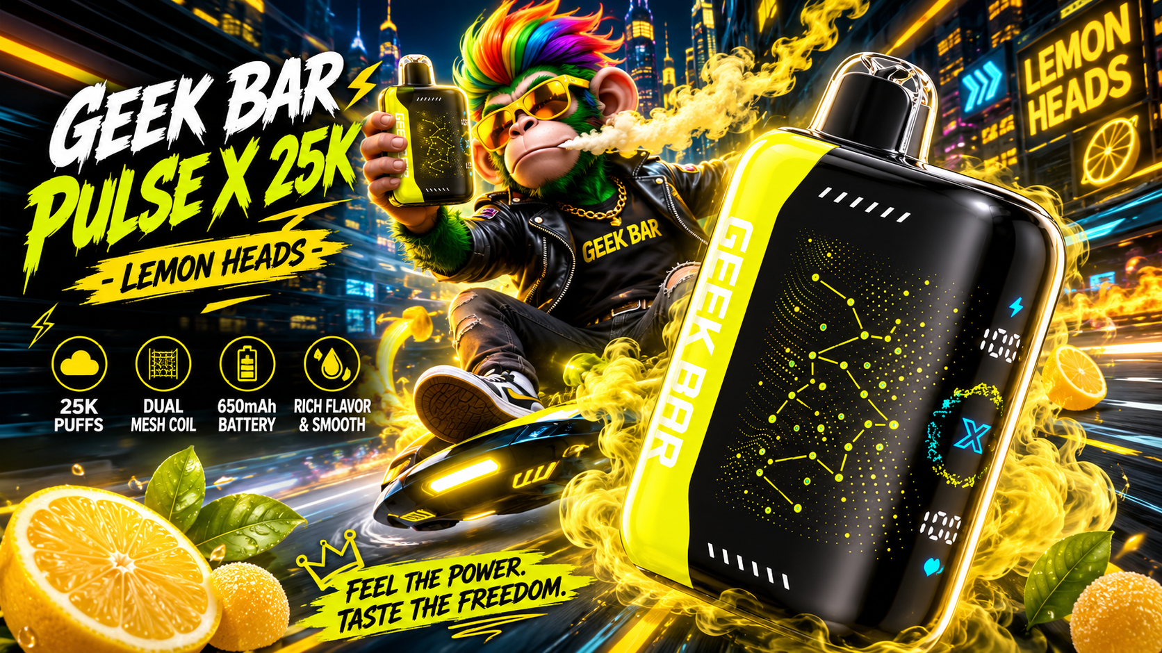 Geek Bar Pulse X 25K Lemon Heads vape with sleek black and yellow design, digital display, and lemon flavor theme