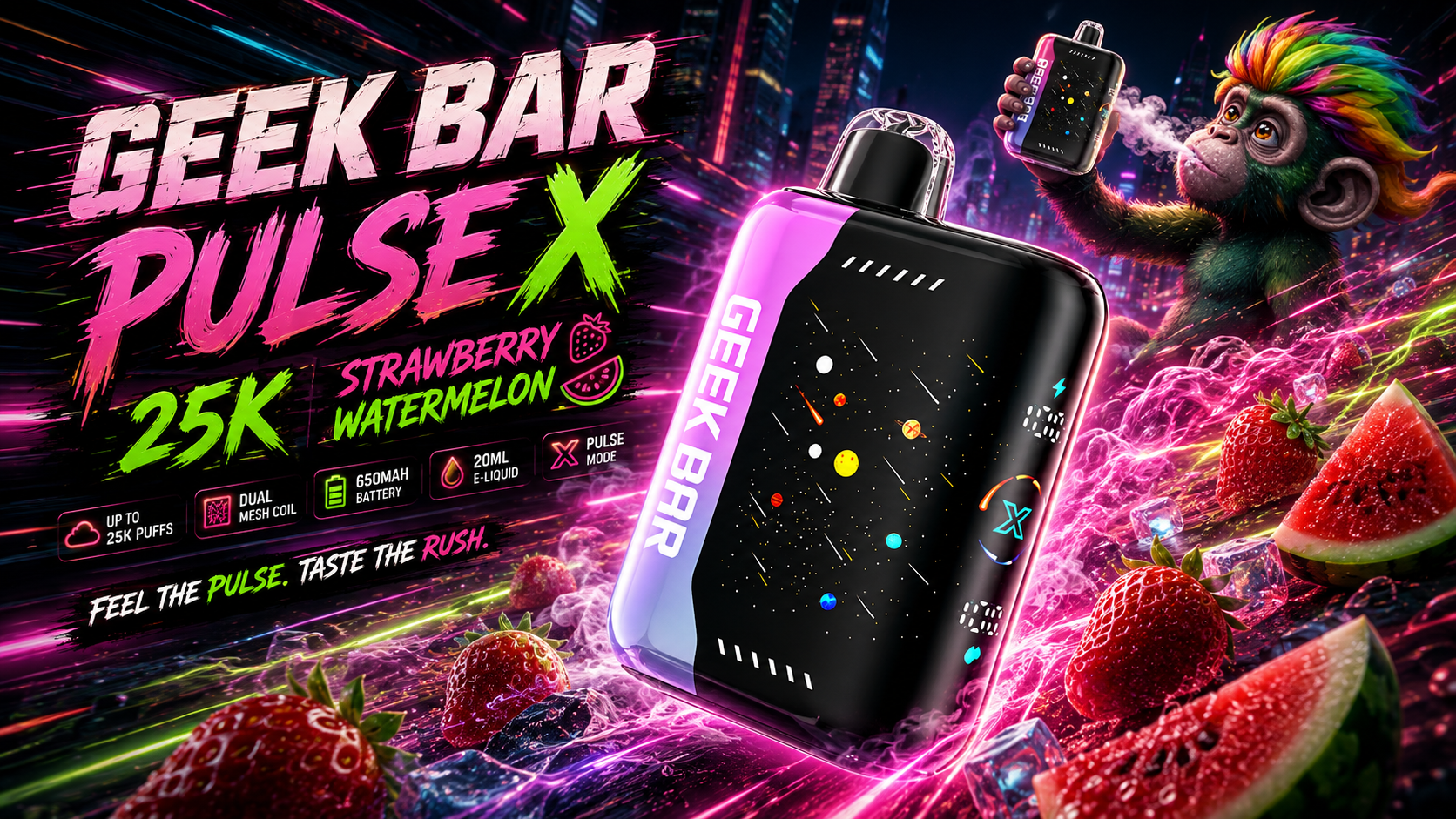 Sleek Geek Bar Pulse X vape in neon design with strawberry watermelon flavor accents