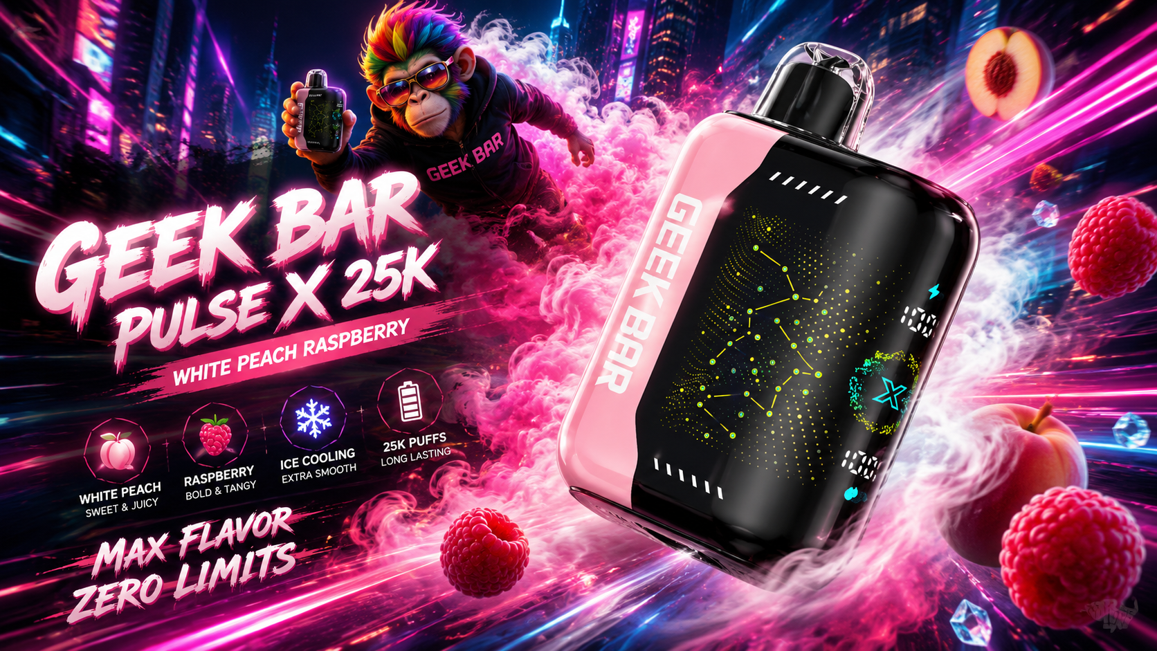 Geek Bar Pulse X 25K vape in black and pink with White Peach Raspberry flavor, neon smoke, fruit and ice accents