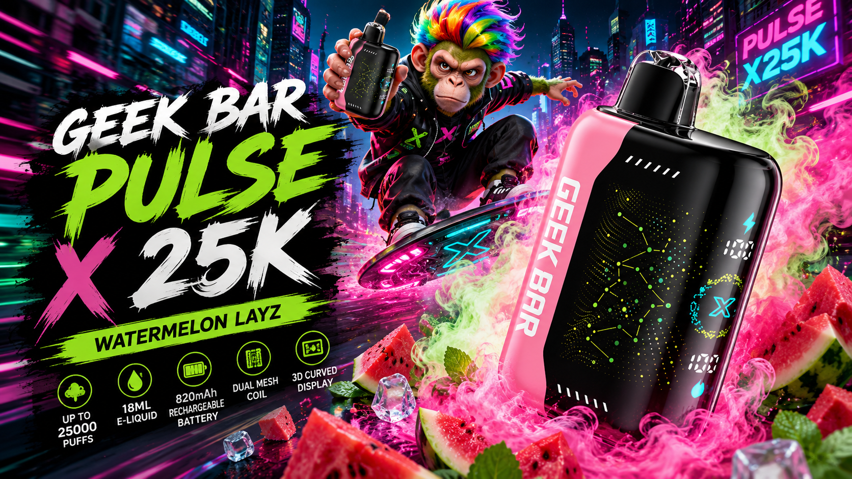 The photo shows a vibrant neon‑lit cityscape where a rainbow‑haired monkey rides a glowing hoverboard while showcasing the sleek black‑and‑pink Geek Bar Pulse X25K Watermelon Layz vape surrounded by watermelon slices, mint leaves, and vapor clouds.