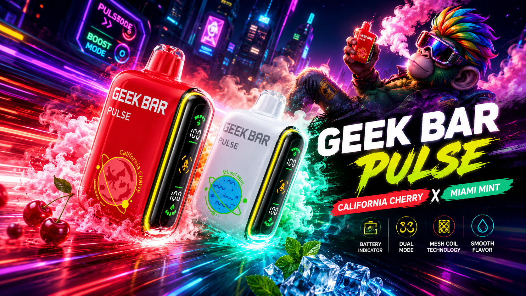Red and white vape devices with glowing display in neon cityscape