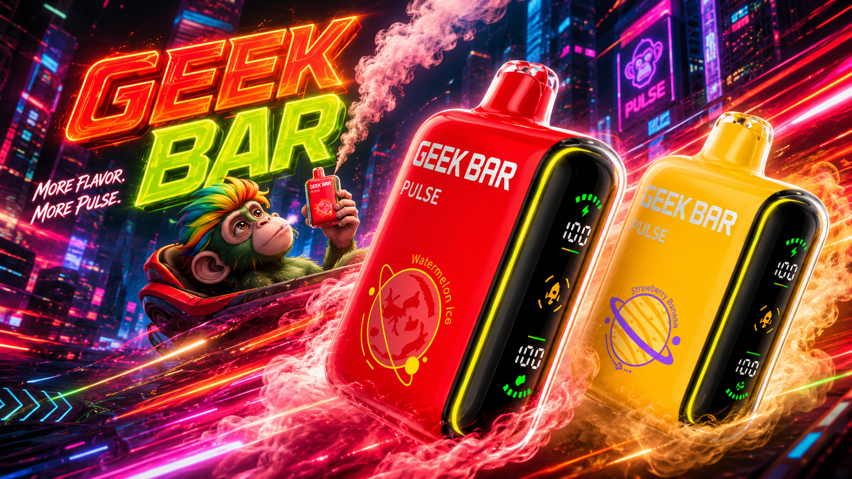 Red and yellow Geek Bar Pulse vape devices with digital displays, showing Watermelon Ice and Strawberry Banana flavors