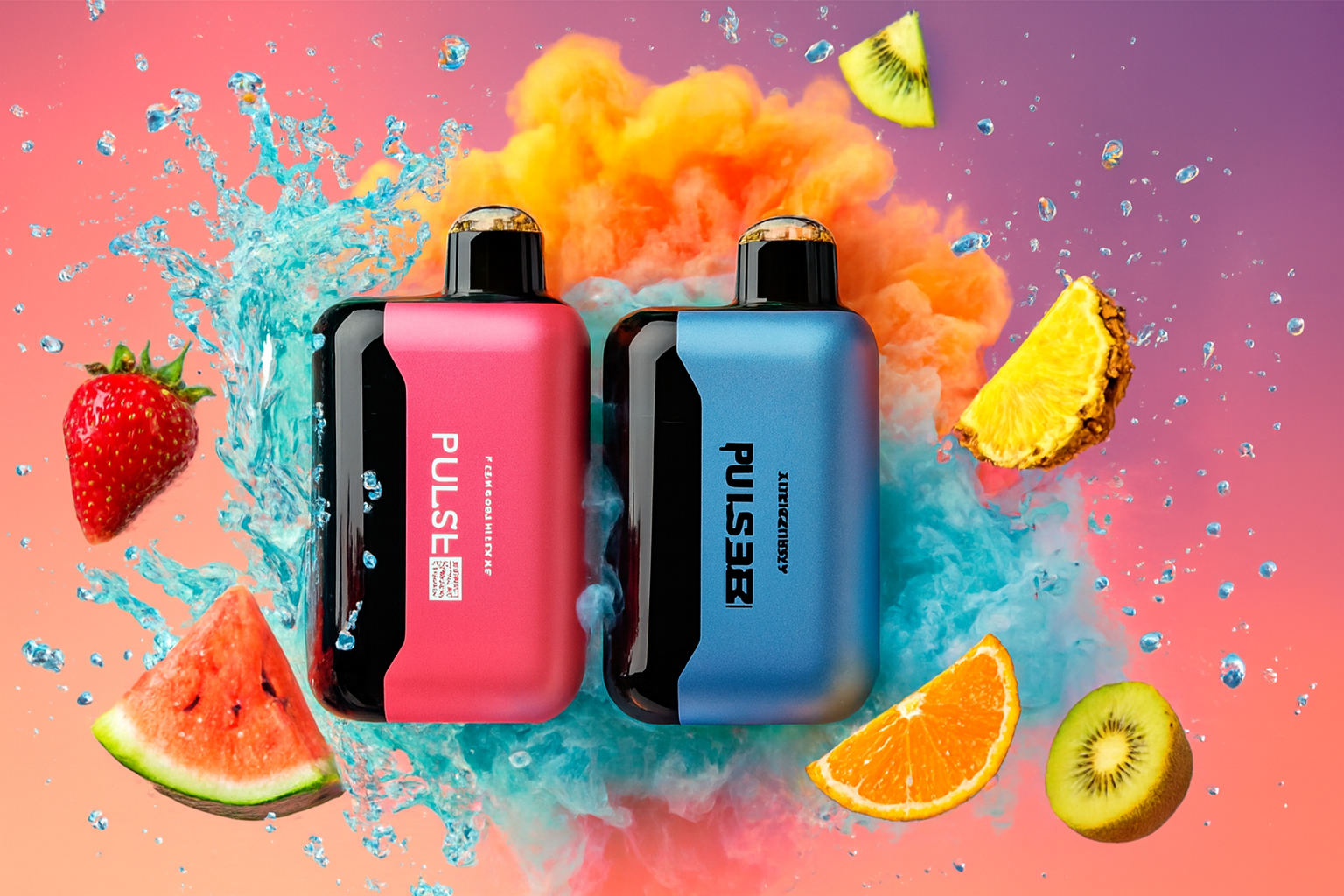 A vibrant promotional image featuring two Geek Bar Pulse devices, one in a matte pink finish and the other in a metallic blue. The vapes are set against a gradient background of sunset orange and soft purple, surrounded by a dynamic explosion of colorful elements. To the left, a bright turquoise water splash features a whole strawberry and a triangular watermelon slice. To the right, a swirling cloud of orange and blue vapor is accompanied by floating pieces of tropical fruit, including a pineapple wedge, an orange slice, and halved kiwis. The composition creates a refreshing and energetic atmosphere that highlights a multifaceted fruit flavor experience.