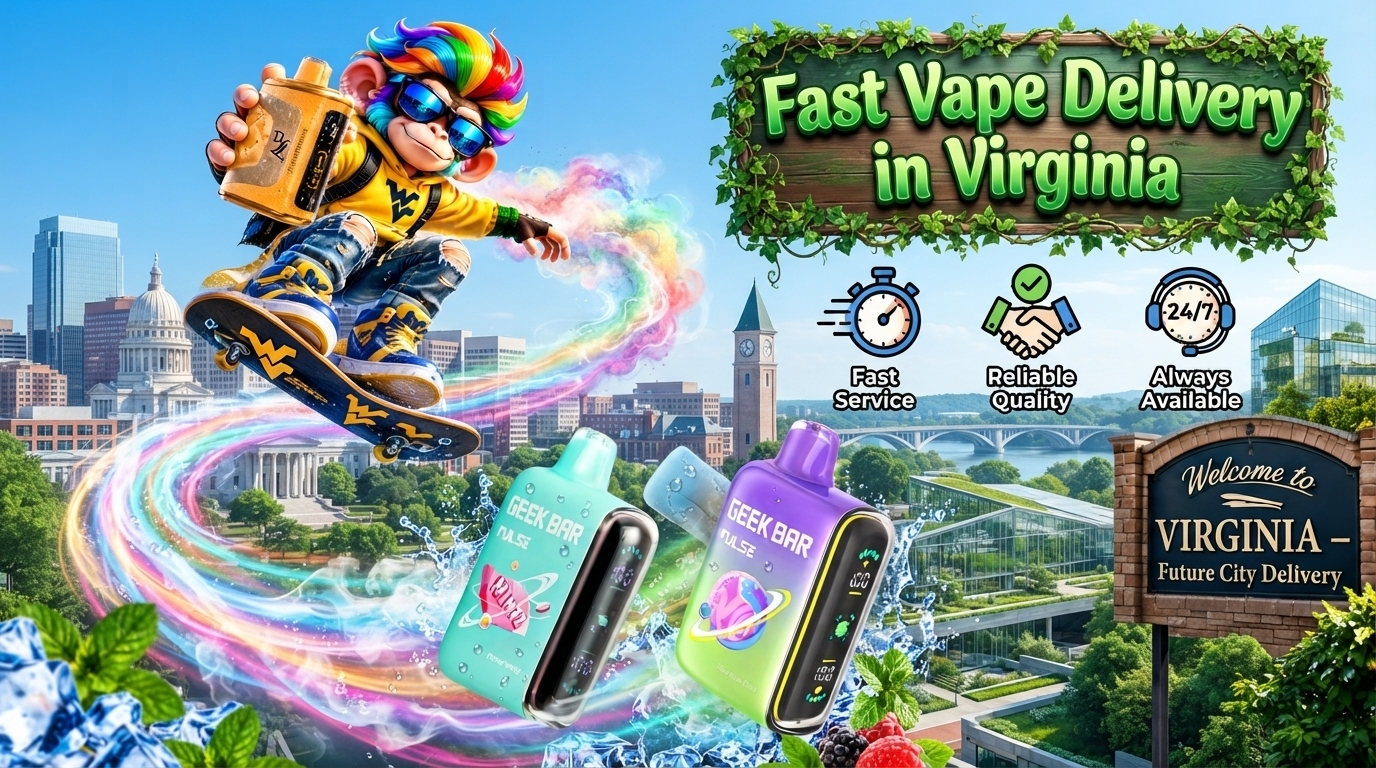 Fast Delivery in Virginia with Colorful Devices and City Views Colorful devices with water splashes and energy trails set against a bright Virginia cityscape.