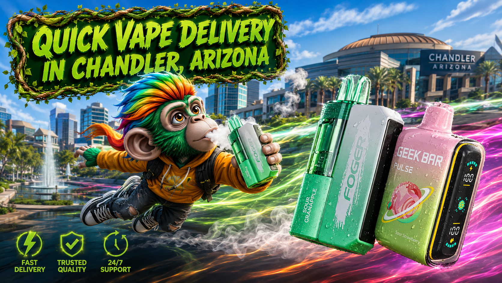 Quick Vape Delivery in Chandler, Arizona with Modern Disposable Devices Modern disposable vape devices with a quick delivery theme and a bright Chandler, Arizona city backdrop.