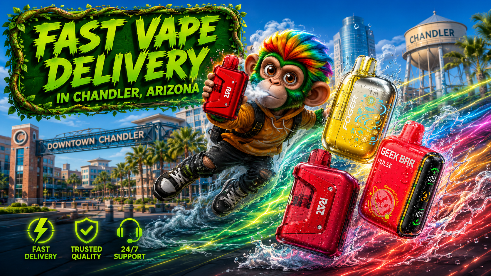 Fast Vape Delivery in Chandler, Arizona with Disposable Vape Devices Colorful disposable vape devices with a fast delivery theme and a bright downtown Chandler, Arizona backdrop.