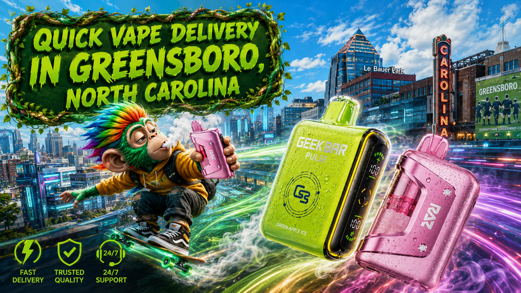 Quick Vape Delivery in Greensboro, North Carolina | Premium Disposable Vapes A vibrant promotional banner for Vapor Puffs showcasing quick vape delivery in Greensboro, North Carolina. The artwork features colorful disposable vapes with realistic water droplets flying through a futuristic cityscape with glowing energy trails, while a playful skateboard-riding character enjoys a vape. Greensboro landmarks appear in the background beneath a bright daytime sky, with bold green typography and service icons highlighting fast shipping, trusted quality, and 24/7 customer support.