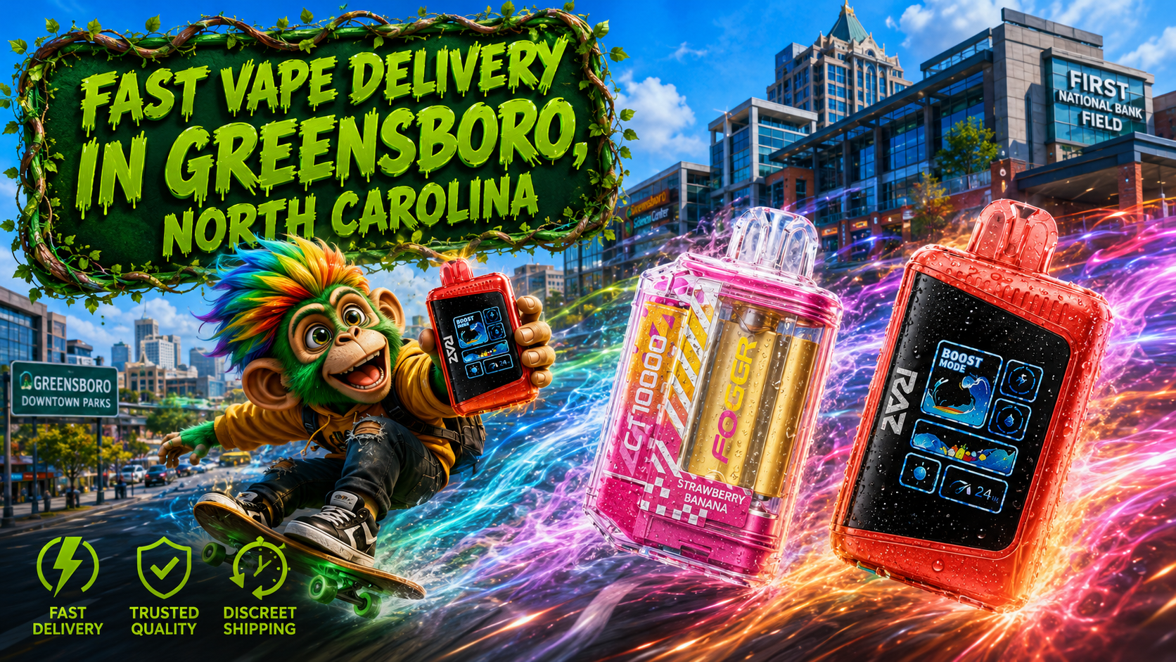 Fast Vape Delivery in Greensboro, North Carolina | Premium Disposable Vapes A vibrant promotional banner for Vapor Puffs featuring fast vape delivery in Greensboro, North Carolina. Colorful disposable vapes with water droplets race through the city on glowing energy trails, while a cheerful character rides a skateboard holding a premium vape device. The background showcases recognizable Greensboro landmarks under a bright blue sky, complemented by bold green typography and service icons highlighting fast delivery, trusted quality, and discreet shipping.