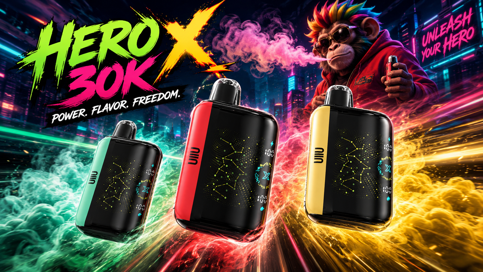 Sleek black vape devices with green, red, and yellow panels featuring illuminated constellation graphics