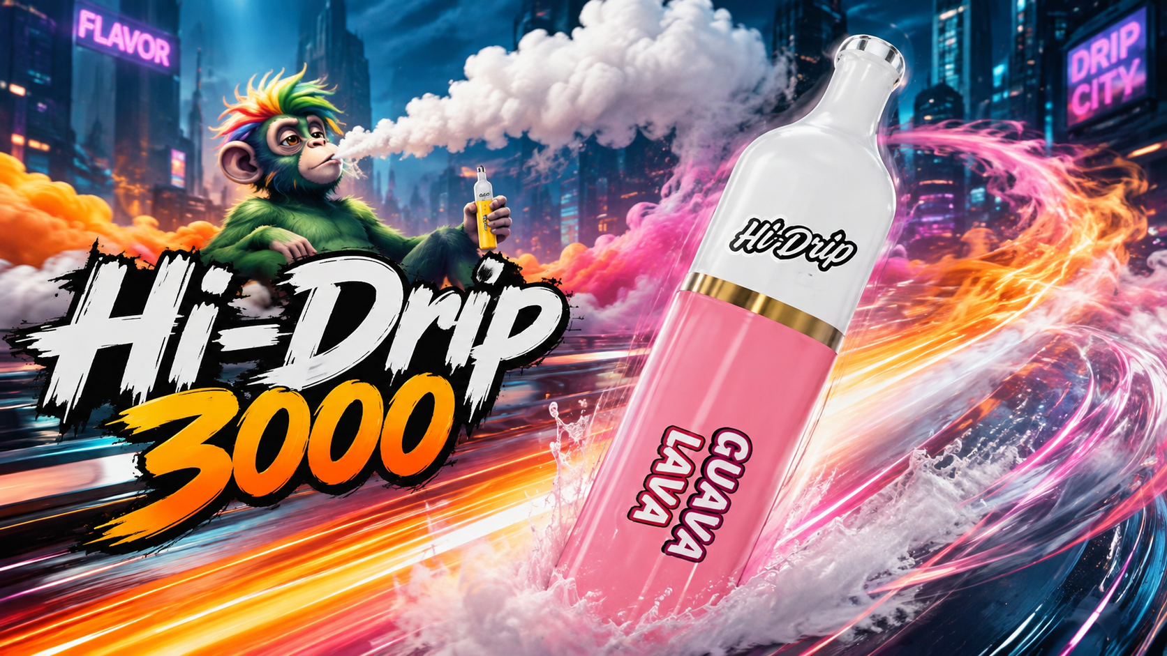 Pink and white Hi-Drip 3000 vape device with Guava Lava flavor branding in neon city backdrop