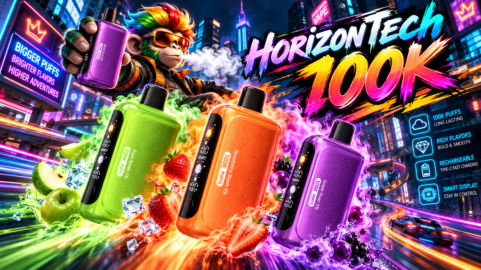 HorizonTech 100K disposable device lineup with smart display in purple, green, and orange flavor-inspired designs