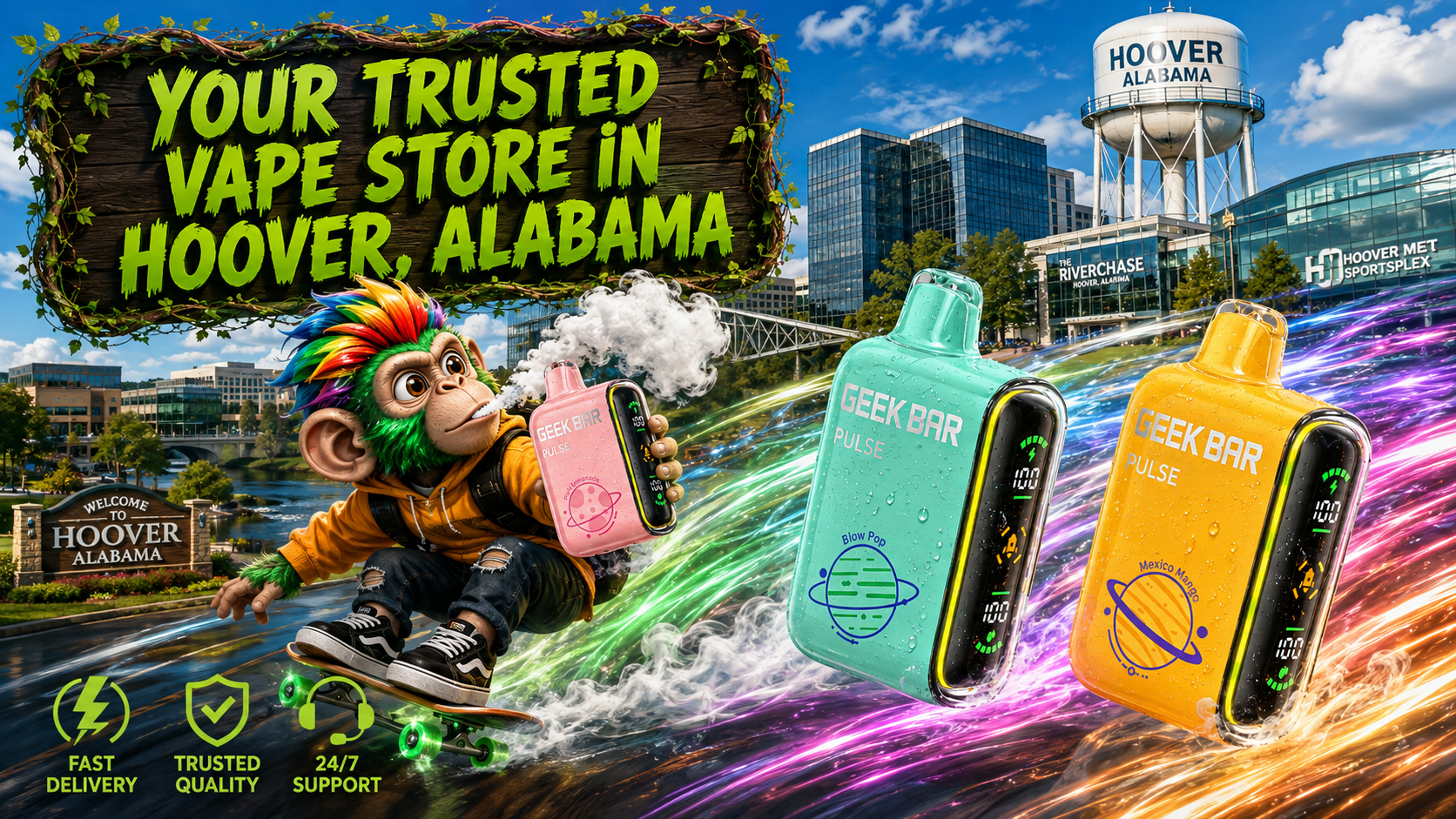Colorful disposable vape devices with futuristic speed effects and a city-themed fast delivery promotional banner.