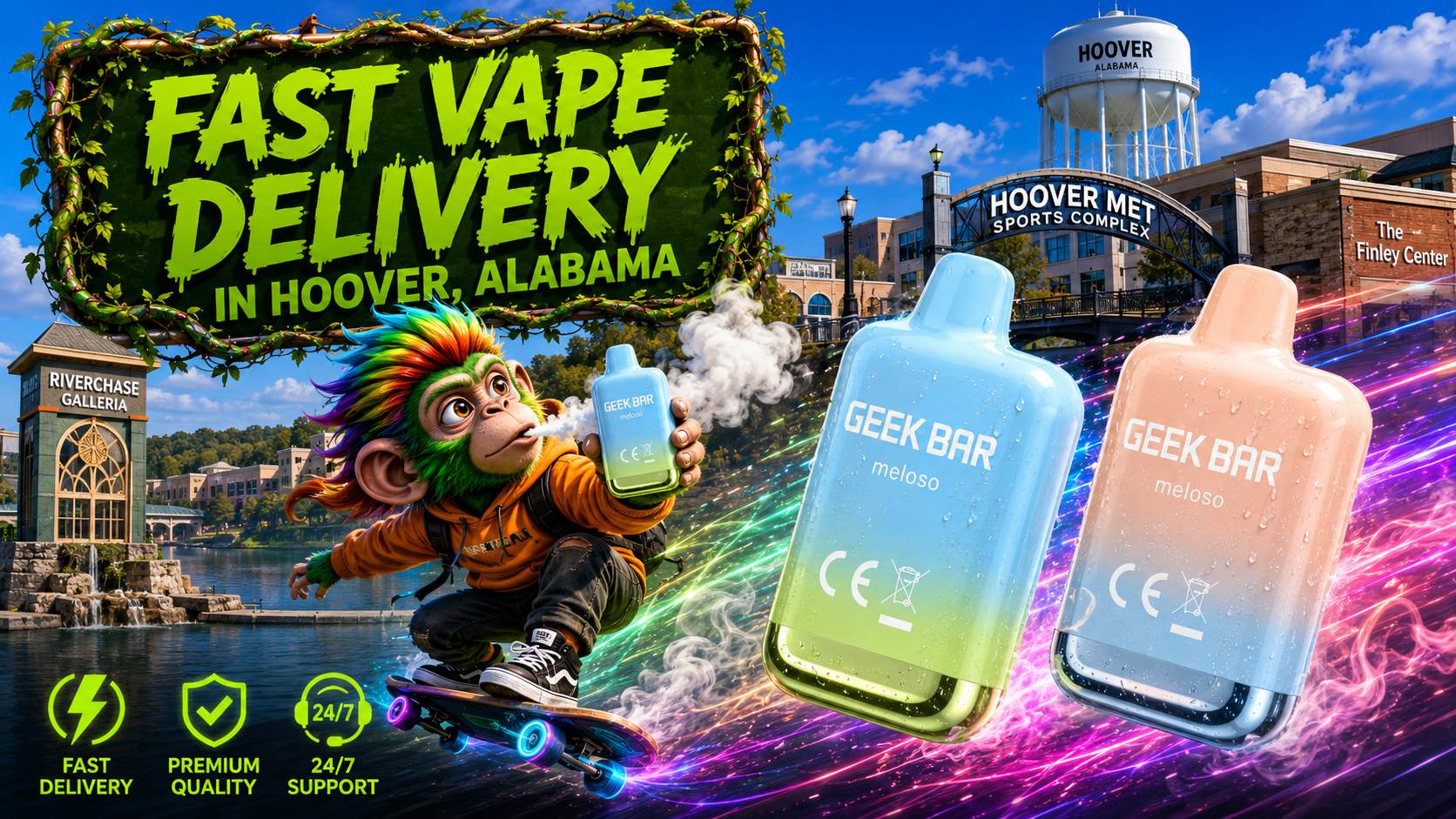 Bright disposable vape devices with colorful energy trails and a fast delivery city-themed promotional illustration.