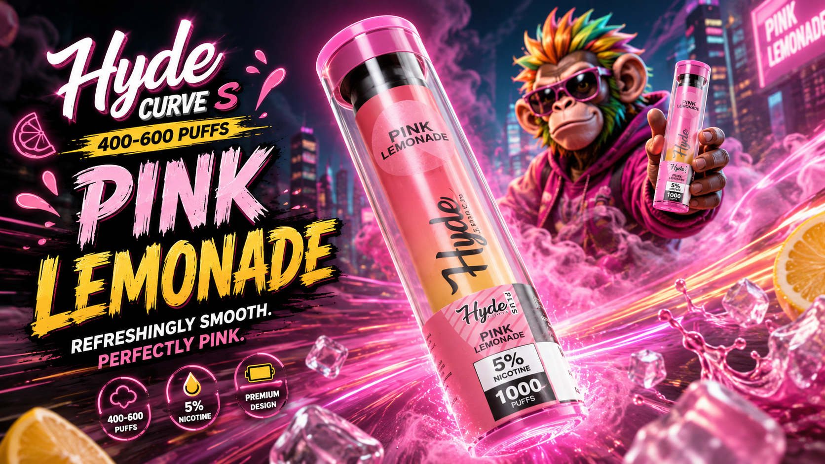 Hyde Curve S vape in pink lemonade design with neon city backdrop and monkey mascot