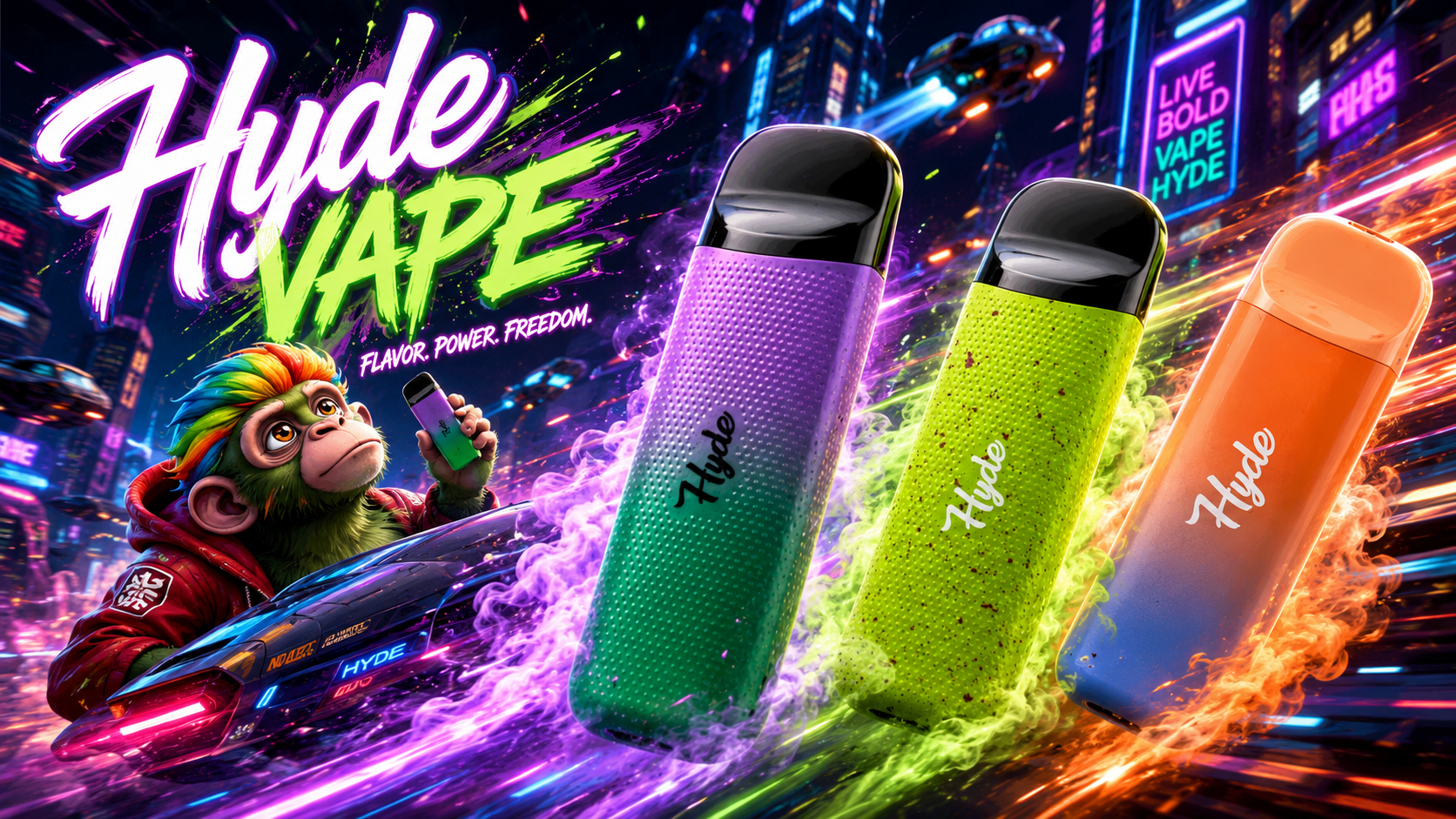 Hyde vape devices with neon city backdrop and mascot