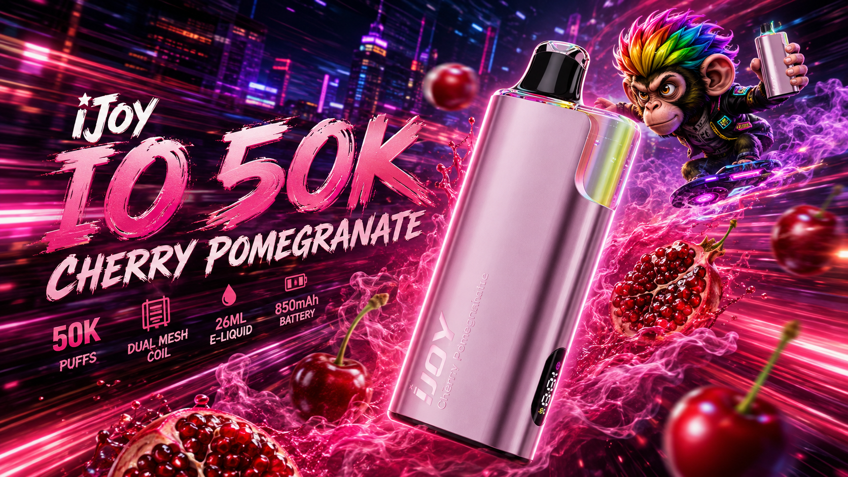 Metallic pink iJoy IO 50K vape with cherry pomegranate flavor, highlighted by neon trails and bold futuristic design