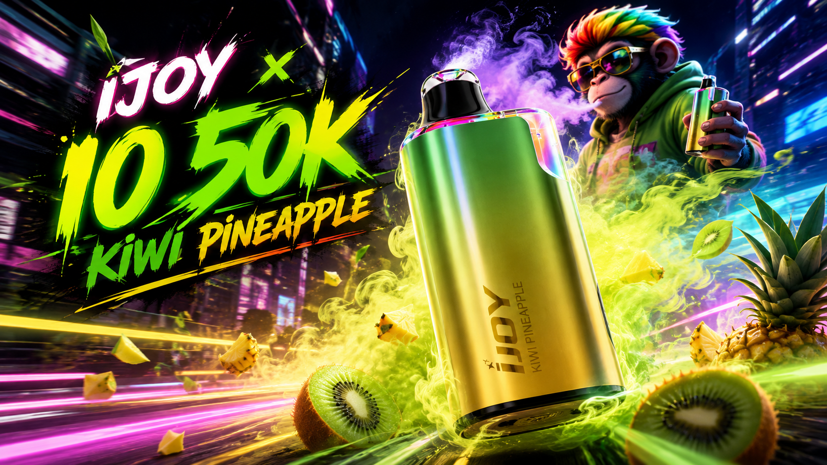 Metallic vape device labeled IJOY Kiwi Pineapple with neon city background and glowing fruit accents