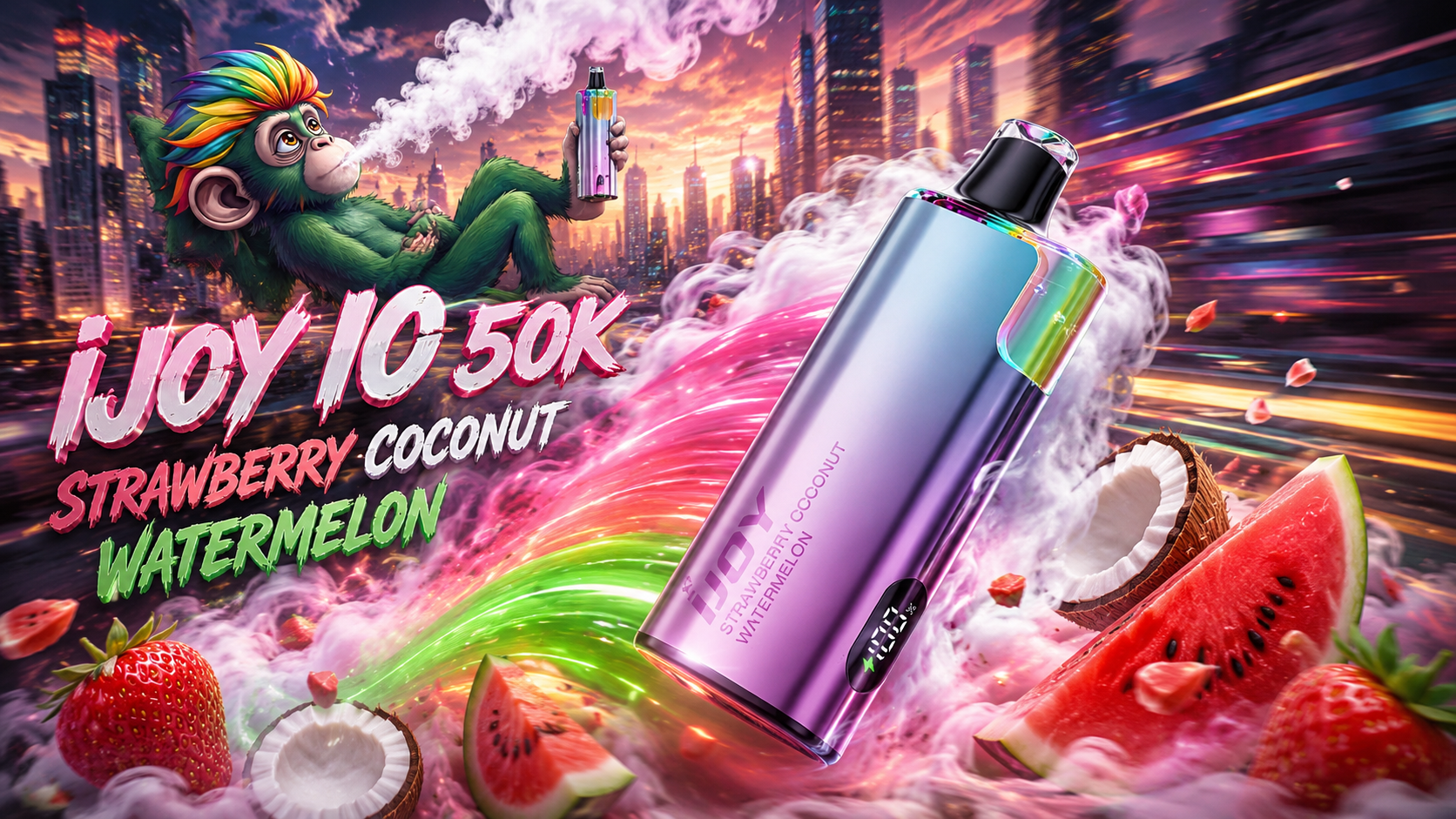 Rainbow vape device with fruity flavor design in neon cityscape