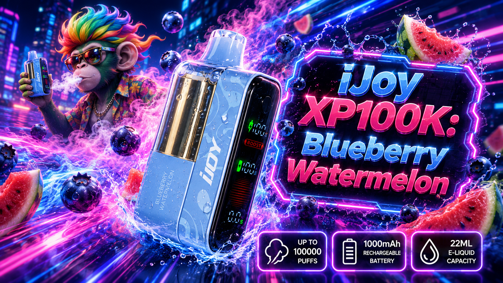 iJoy XP100K Blueberry Watermelon Disposable Vape with Fresh Fruit Design iJoy XP100K Blueberry Watermelon disposable vape with blueberries, watermelon slices, colorful vapor, and water splashes.