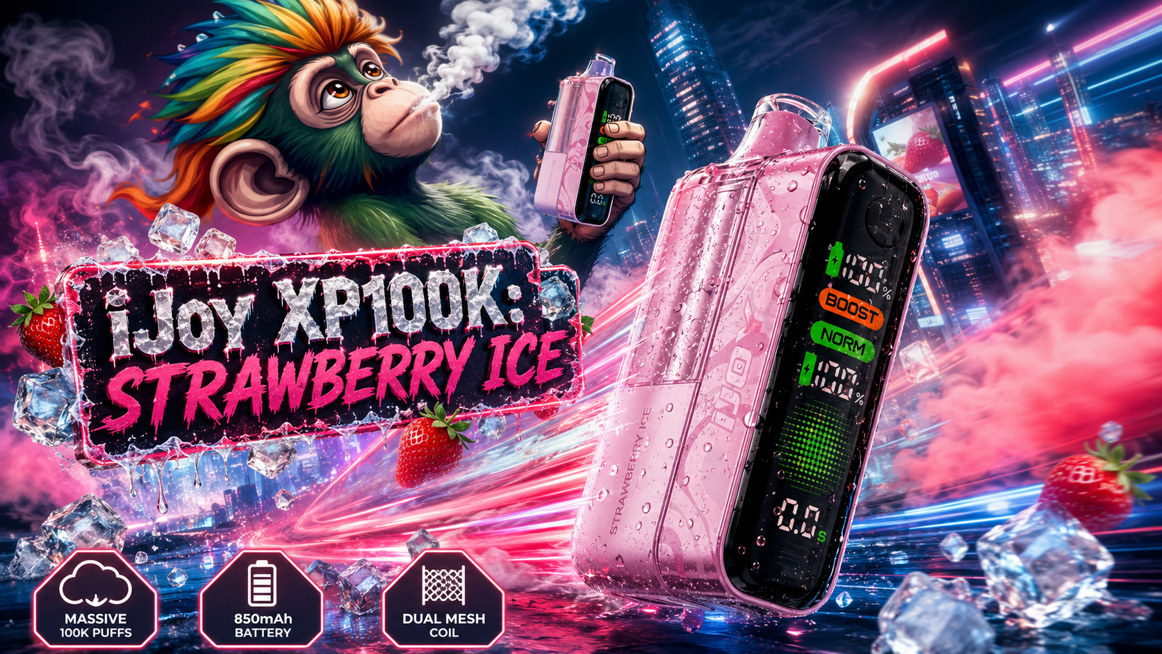 iJoy XP100K Strawberry Ice Disposable Vape with Ice and Strawberry Artwork iJoy XP100K Strawberry Ice disposable vape surrounded by fresh strawberries, ice cubes, and vibrant vapor effects.
