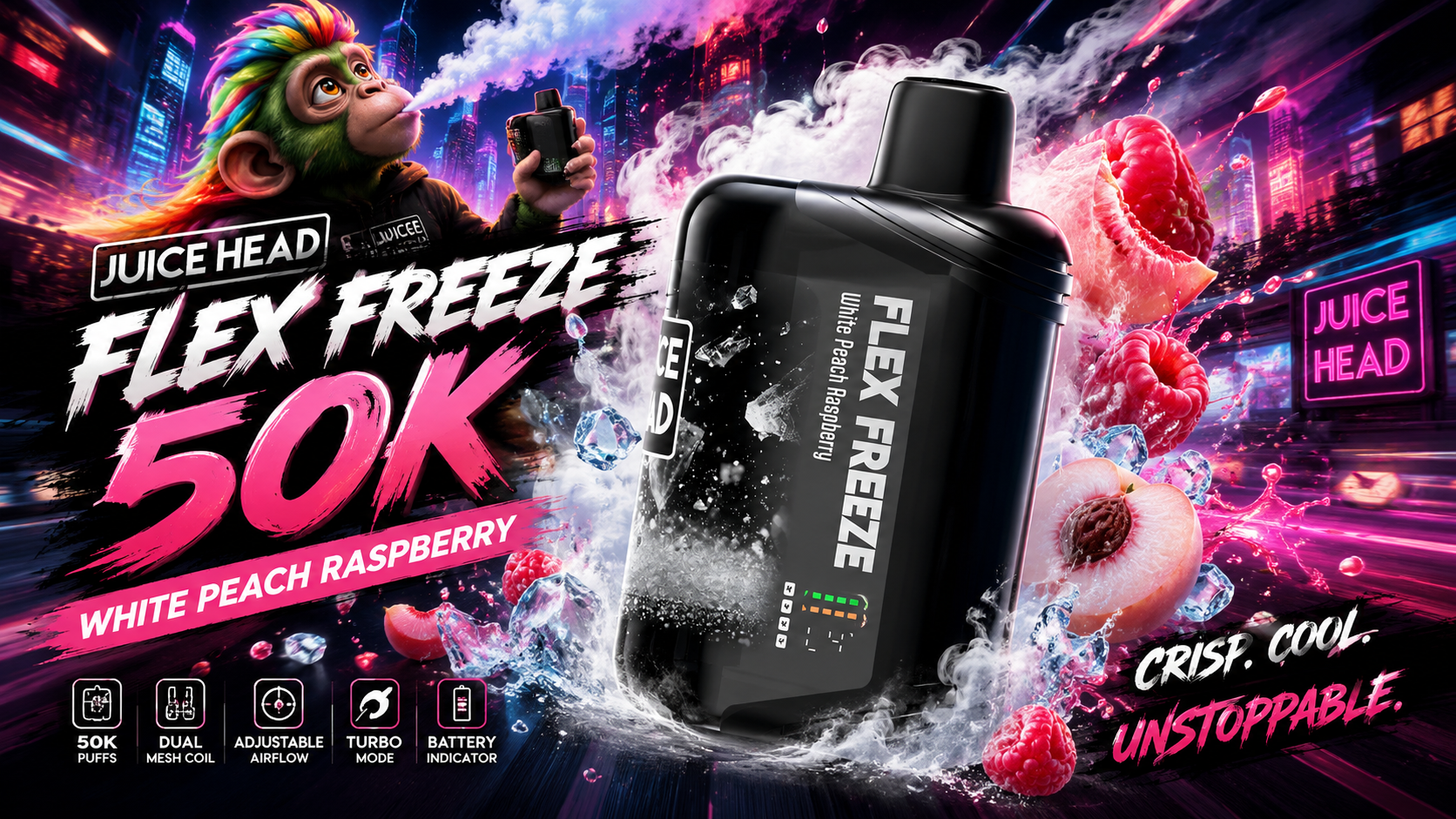 White Peach Raspberry vape device with ice, peach halves, and raspberries in a neon city design