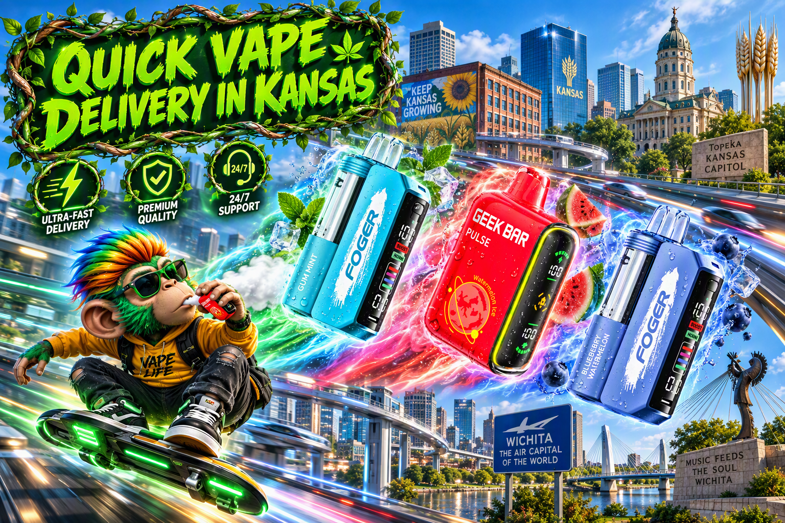 High-Speed Device Showcase Across a Futuristic Kansas Cityscape Colorful devices race through a futuristic Kansas cityscape with water effects, ice, and vivid energy trails.