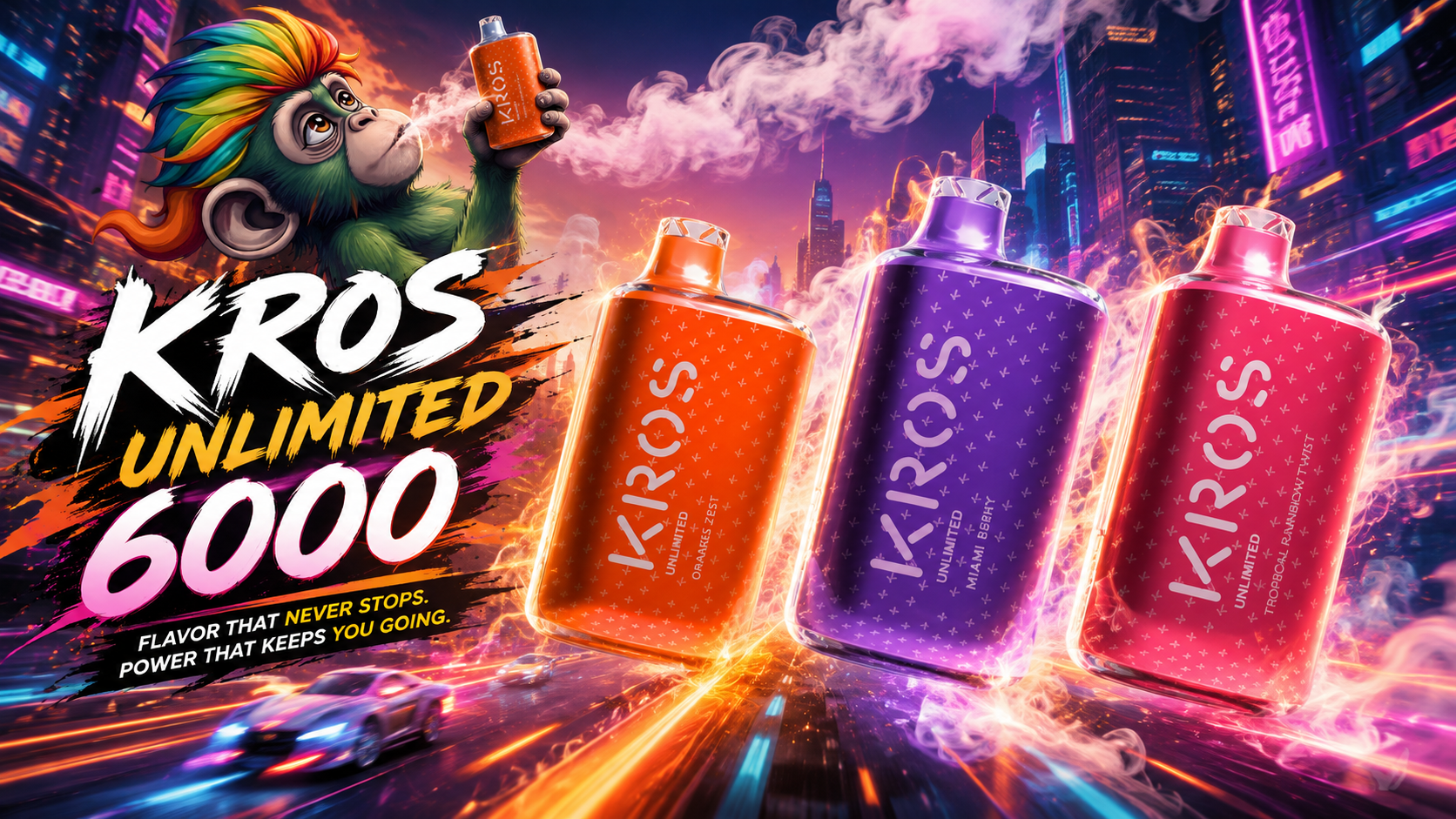 KROS Unlimited vape devices in orange, purple, and red with bold neon city backdrop