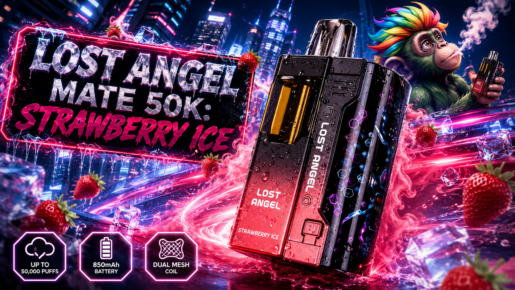 Lost Angel Mate 50K KIT Strawberry Ice Disposable Vape with Fresh Strawberry Artwork Lost Angel Mate 50K KIT Strawberry Ice disposable vape with fresh strawberries, ice cubes, and vibrant vapor effects.