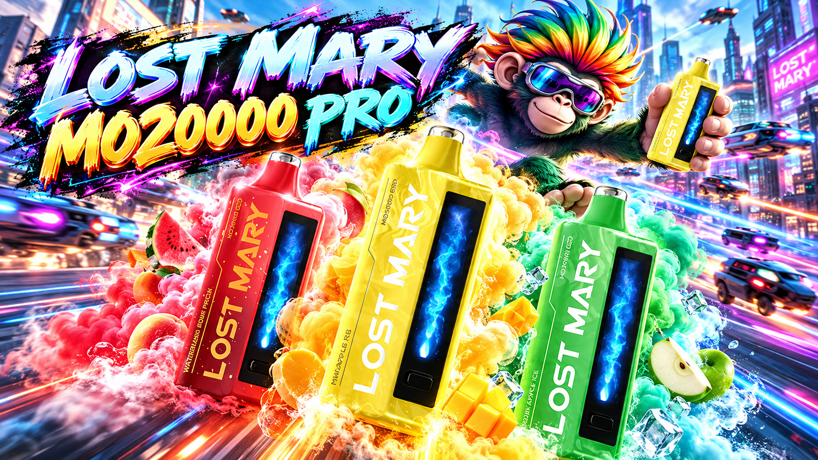 Lost Mary MO20000 PRO devices in red, yellow, and green with display screens, showcased in a vibrant neon city setting