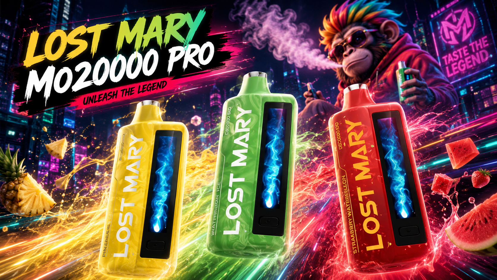 Lost Mary MO20000 Pro vapes in neon colors with glowing accents, featuring Pineapple, Watermelon Ice, and Strawberry Watermelon flavors