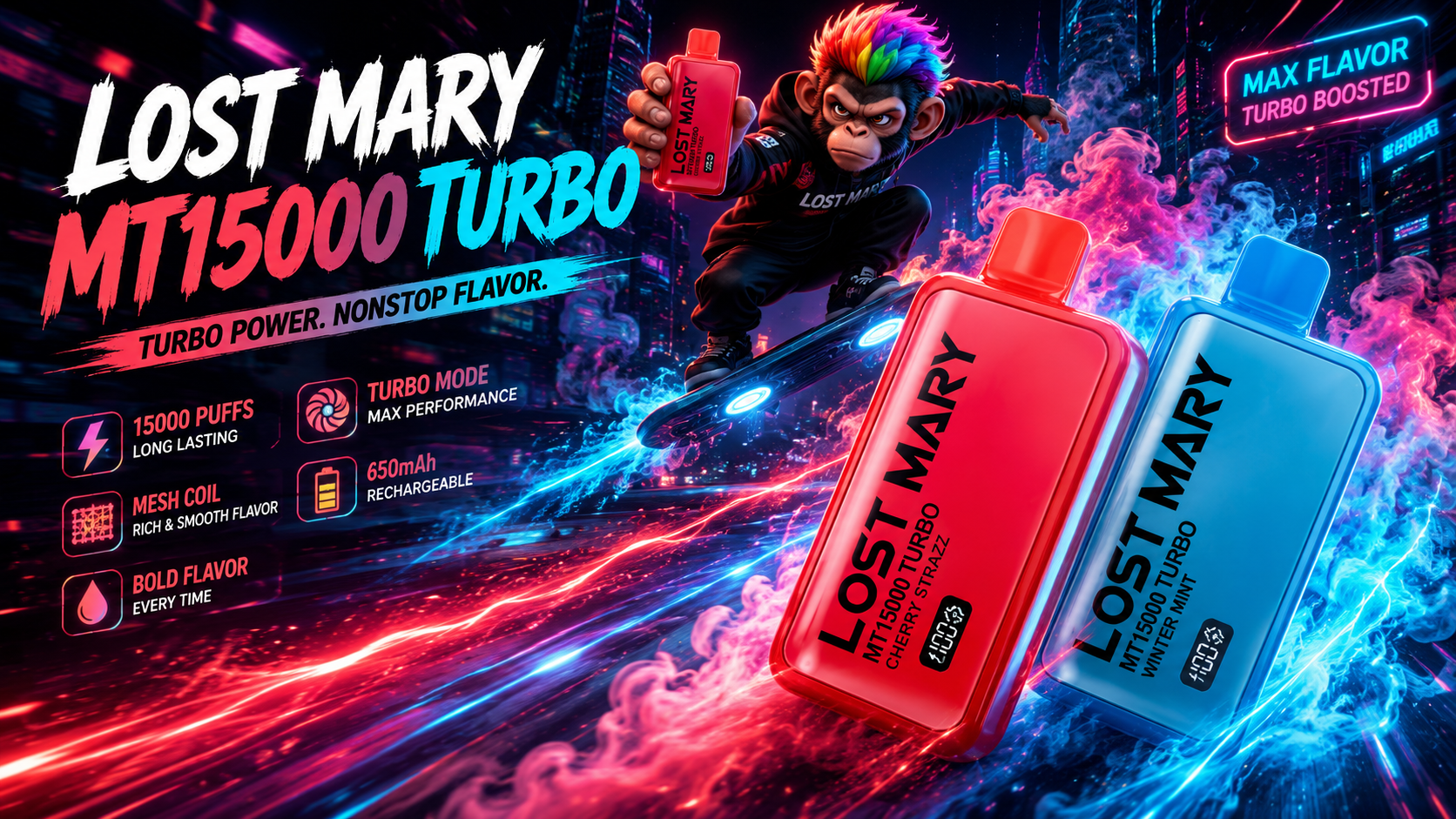 Lost Mary MT15000 Turbo devices in blue, yellow and orange finishes with fruit-inspired flavor branding