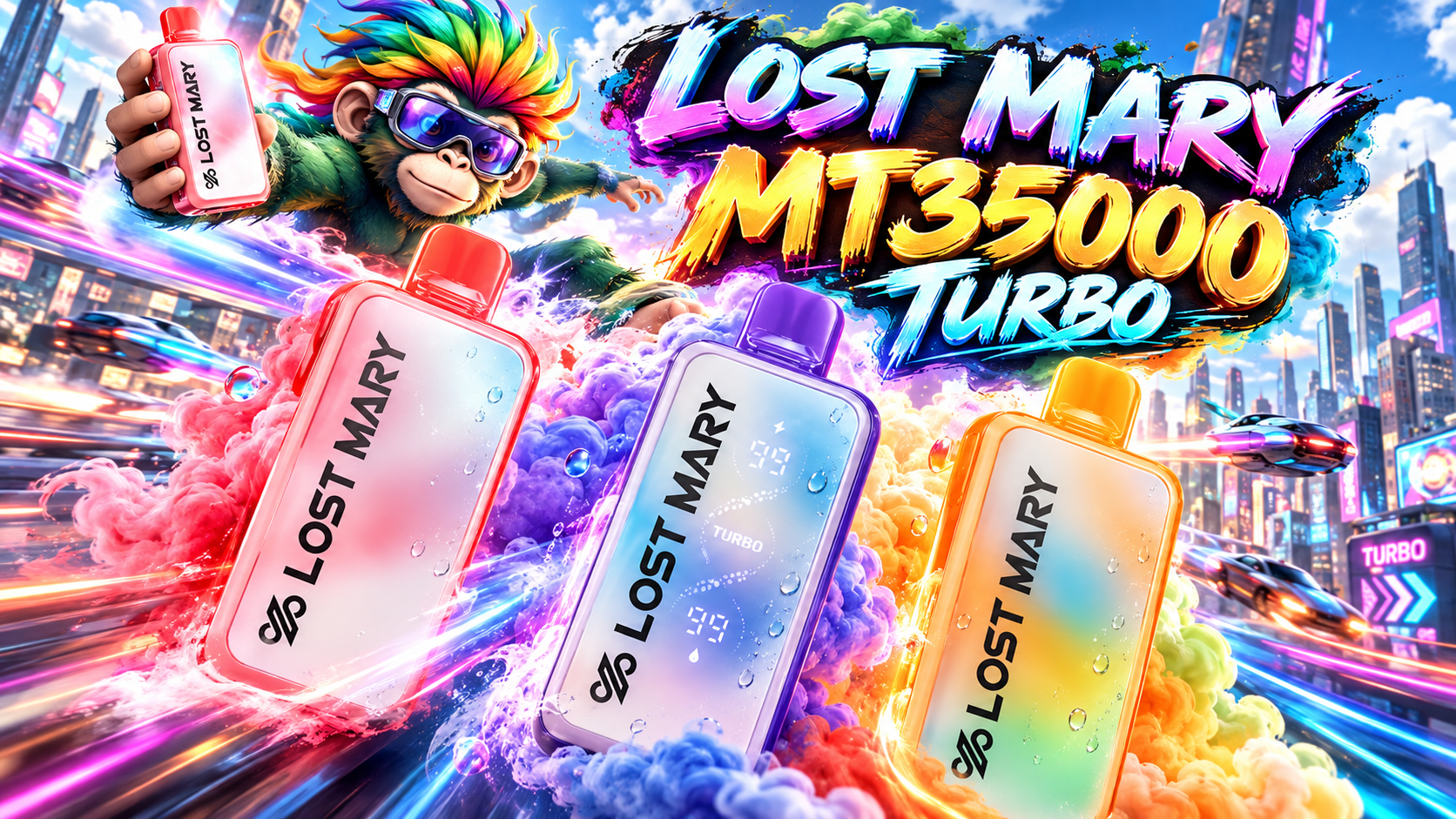 Lost Mary MT35000 Turbo disposable device in pink, purple, and orange gradient finishes with sleek compact design