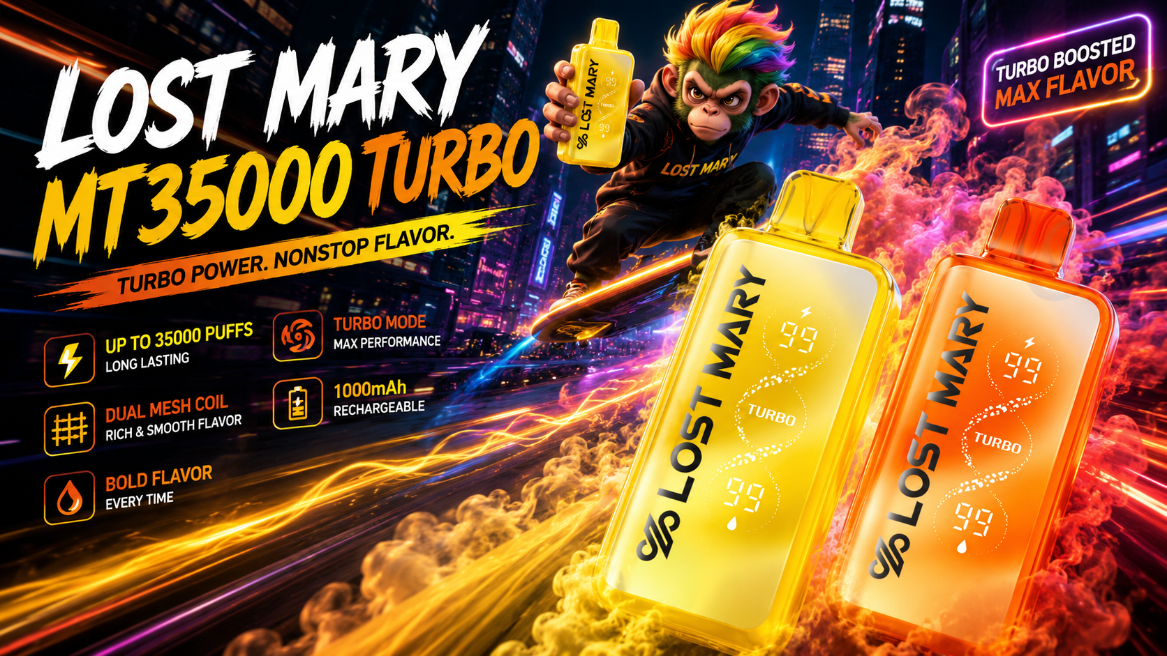 Orange Lost Mary MT35000 Turbo vape device with digital display showing 99 Turbo, set against neon city background