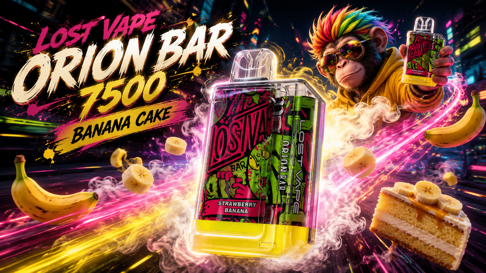 Lost Vape Orion Bar 7500 device with banana cake and strawberry banana flavor theme