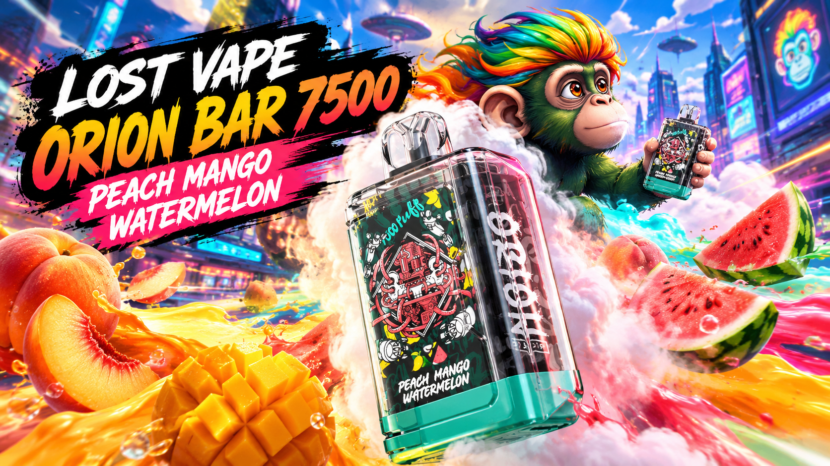Lost Vape Orion Bar 7500 in Peach Mango Watermelon flavor with vibrant fruit design