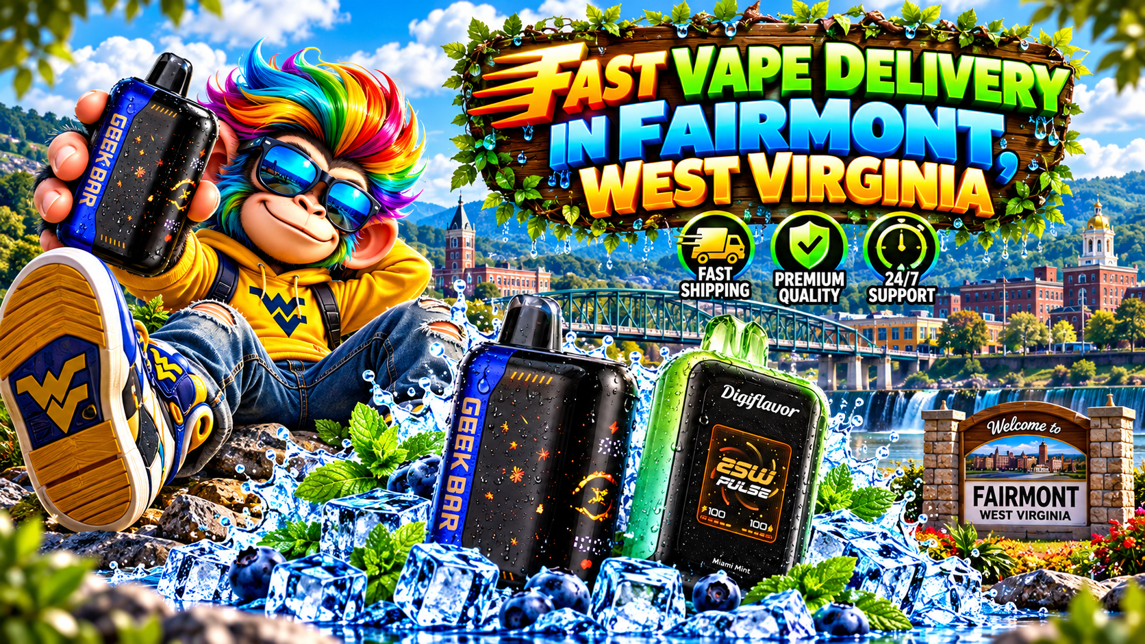 Modern Vape Devices with Ice and Water in Fairmont, WV Two modern vape devices with water droplets, ice cubes, and greenery in a bright Fairmont city scene.