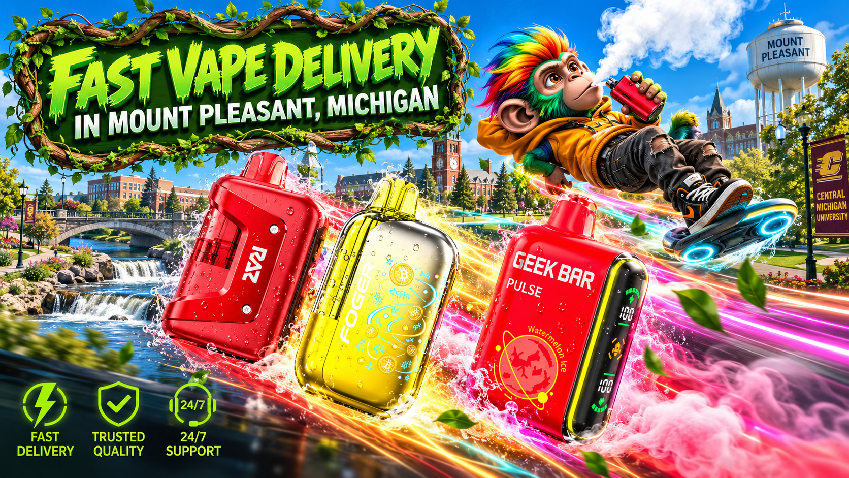 Vibrant Mount Pleasant scene with colorful devices, water effects, glowing trails, and speedy service visuals.
