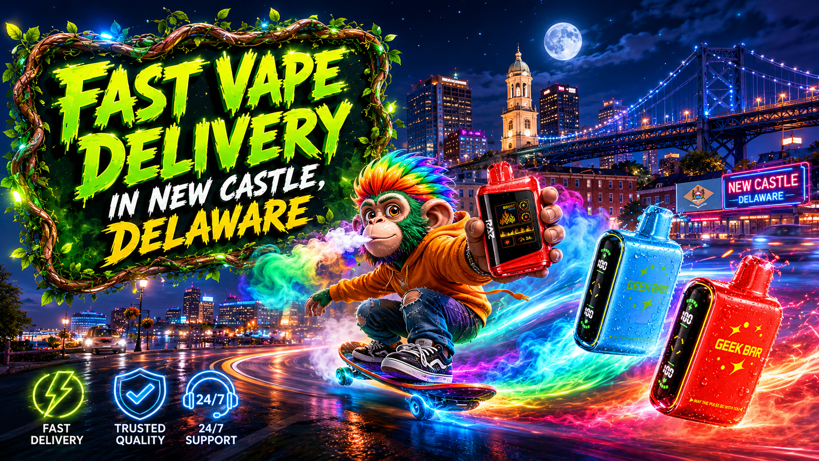 A vibrant promotional banner showcasing fast vape delivery in New Castle, Delaware at night. The image features a colorful monkey riding a skateboard through neon energy trails while holding a red Geek Bar disposable vape, with two additional Geek Bar devices flying through the futuristic city skyline. Historic landmarks, a bridge, and a glowing "New Castle, Delaware" sign create a dynamic local backdrop, while icons highlighting fast delivery, trusted quality, and 24/7 support emphasize the benefits of ordering from an online vape shop.