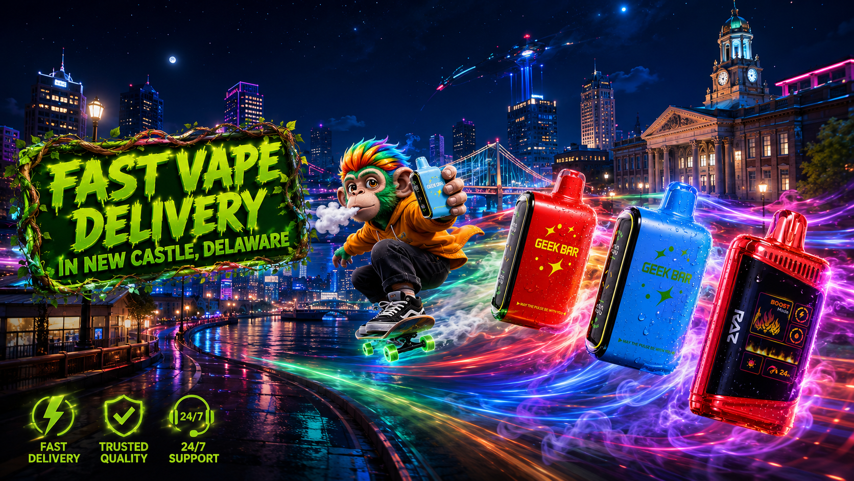 A vibrant nighttime promotional banner for fast vape delivery in New Castle, Delaware. The artwork features a colorful monkey riding a skateboard while holding a Geek Bar disposable vape, with three premium vape devices flying through glowing trails of colorful energy. The illuminated city skyline, historic courthouse, bridge, and futuristic elements create a dynamic backdrop, while icons for fast delivery, trusted quality, and 24/7 support emphasize the convenience of ordering from an online vape shop with same-day shipping and delivery within 1&ndash;5 business days.