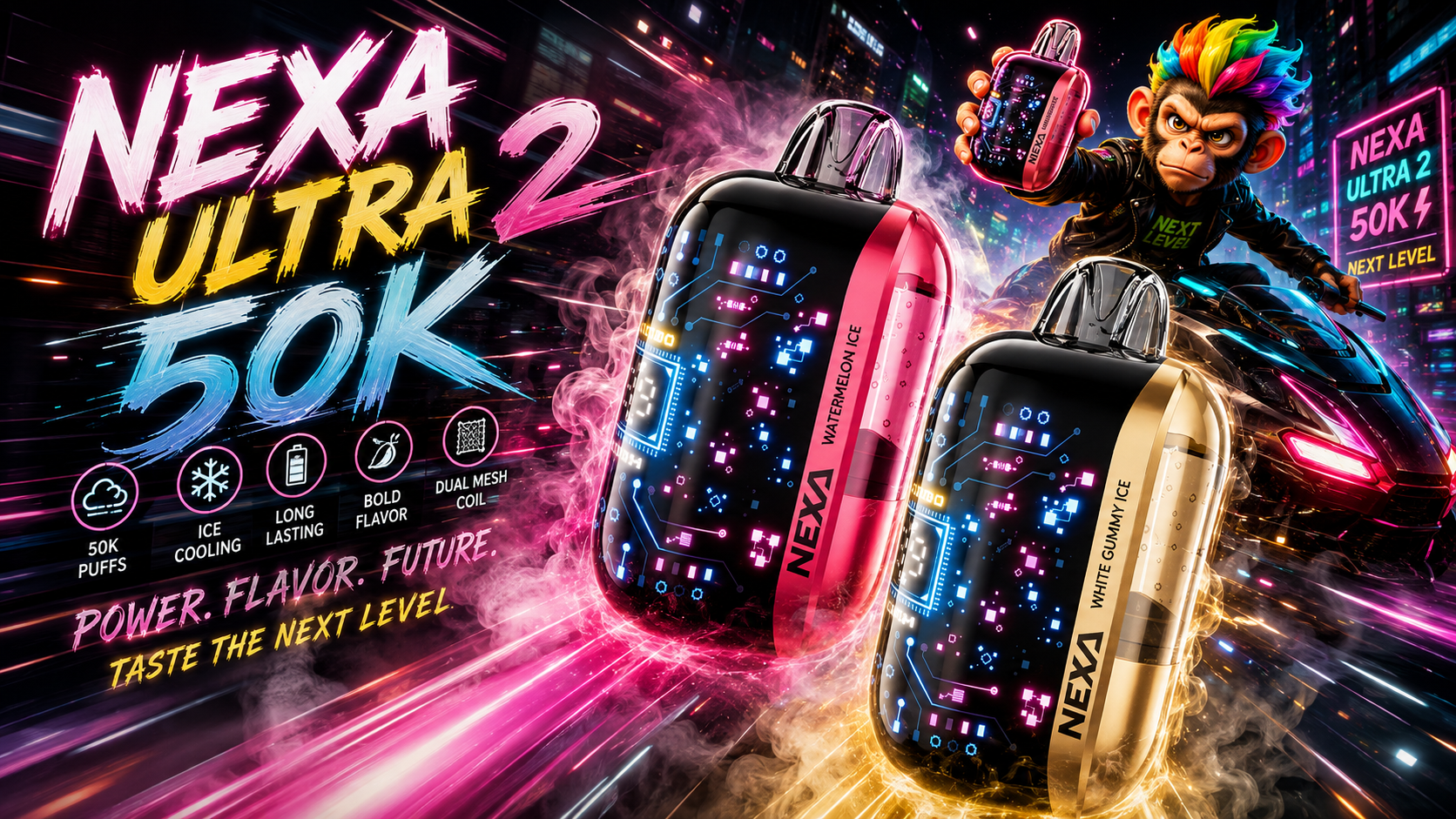 NEXA ULTRA 2 vape devices in Watermelon Ice and White Gummy Ice flavors with bold neon design