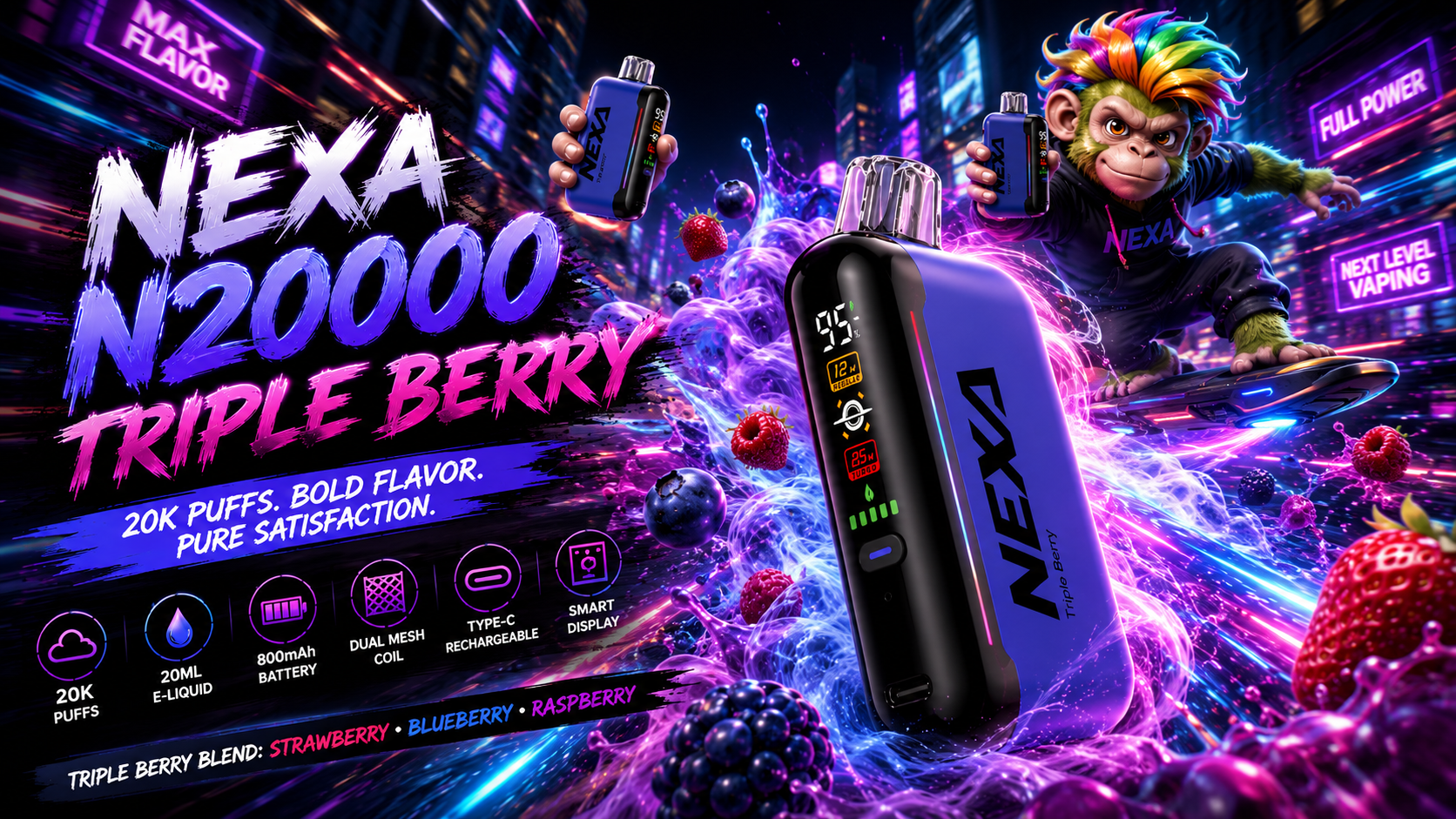 The photo shows a futuristic vape advertisement with a rainbow‑haired monkey on a hoverboard, neon city lights, and berries exploding around the NEXA N20000 Triple Berry device.