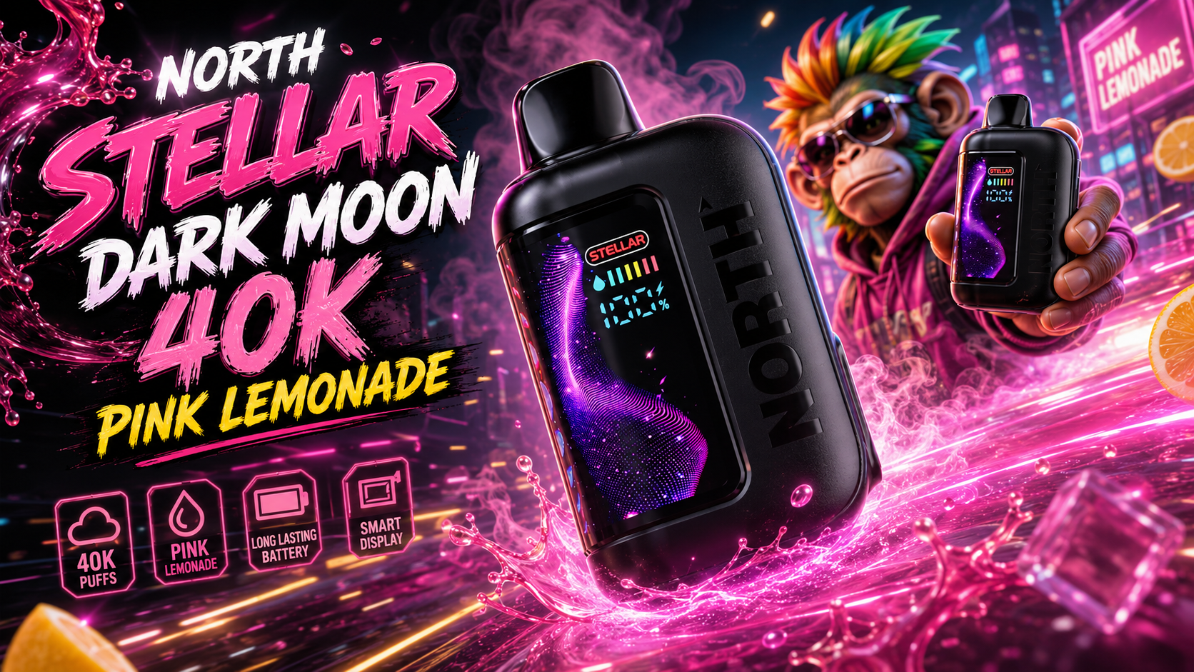 NORTH STELLAR Dark Moon vape with smart display and pink lemonade design